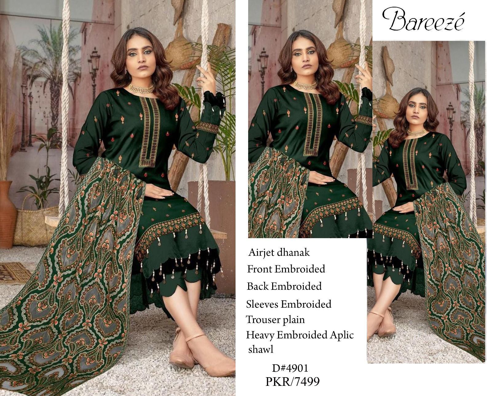 bareeze winter collection 2025 – premium dhanak embroidered 3pc suit with full heavy appliqué shawl