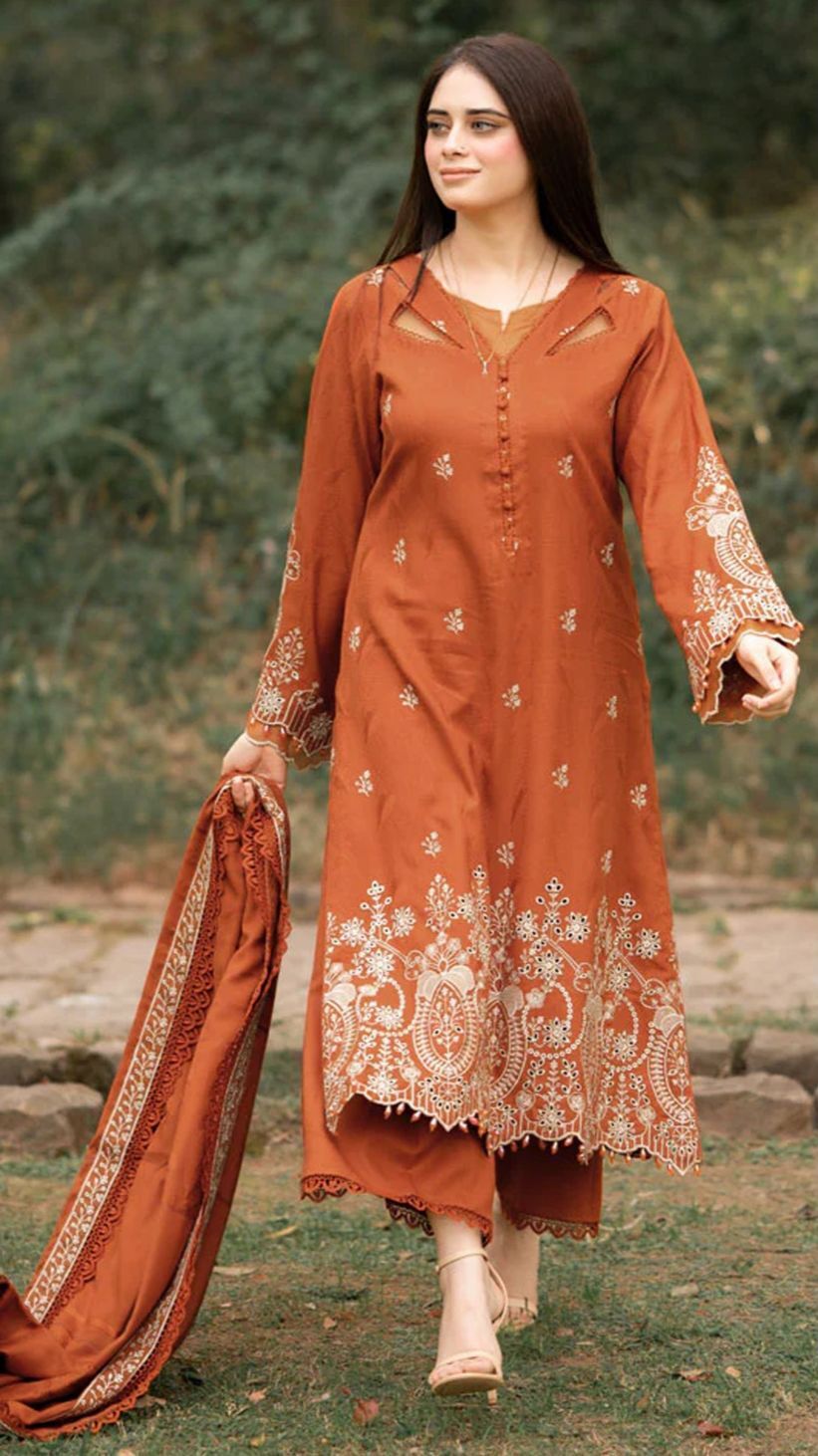 bareeze winter collection 2025 – premium dhanak embroidered 3pc suit with full heavy appliqué shawl